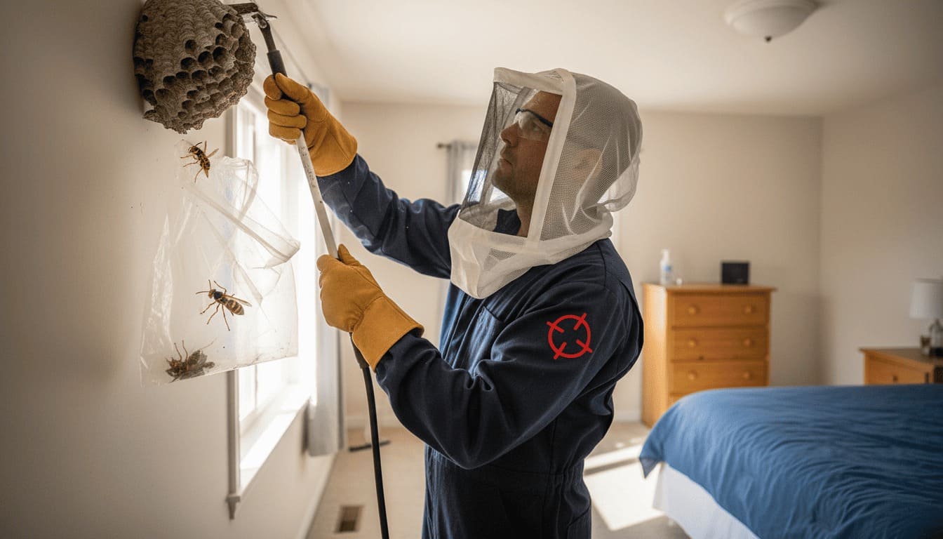 Professional wasp technician carefully removes a hornet nest from a bedroom area using specialized tools, wearing full protective gear including gloves, goggles, and a safety net suit to ensure safe and precise nest removal inside the home.