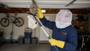 Professional wasp technician carefully removes a hornet nest inside a residential or commercial garage using specialized tools, wearing full protective gear including gloves, goggles, and a protective net suit to ensure safe and controlled nest removal.