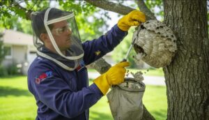 Professional wasp technician carefully removes a nest from a tree, fully protected with gloves, goggles, and safety netting, ensuring precision and safety while keeping your property free from stinging insects.